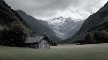 Obraz premium Rural village in snow-capped valley, with wooden houses and overcast sky.
