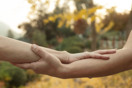 Hands gently holding arms in a calm outdoor autumn scene. Symbol of trust, care, and emotional connection. Warm light, blurred background, and fall colors enhance the heartfelt moment