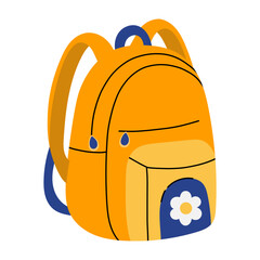 Yellow school backpack in flat cartoon style with a cute flower patch and blue accents. Vector illustration perfect for back to school themes, educational materials, kids' supplies, learning visuals.