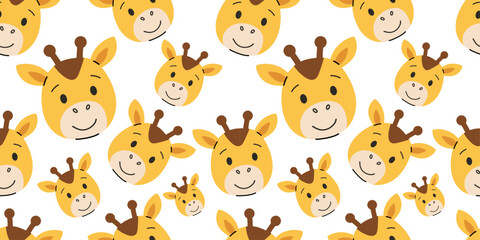 Cute giraffe head seamless pattern in flat cartoon style, featuring smiling giraffe faces with expressive eyes and gentle color tones. Ideal for kids' products, nursery decor, back to school designs.