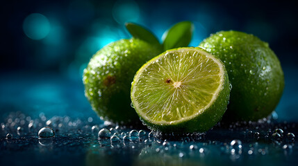Fresh lime slices in sparkling water, macro bubbles in focus