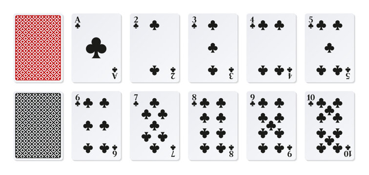 Ace and number cards of Clubs. Card back. 