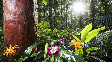 mahogany tree in tropical rainforest with sunlight filtering through its dense canopy, showing rich reddish-brown bark and glossy green leaves, surrounded by lush undergrowth and colorful tropical 