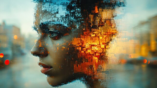 Digital art portrait of a woman, city street background, pixelated effect
