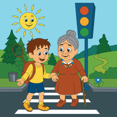 Cartoon boy helps elderly woman cross the street at a crosswalk under a sunny sky and traffic light. Kindness, safety, and intergenerational care concept.
