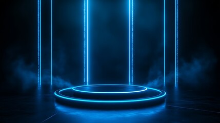 Abstract Dark Room with Illuminated Round Stage and Neon Light Pillars, Futuristic Glowing Display Concept.