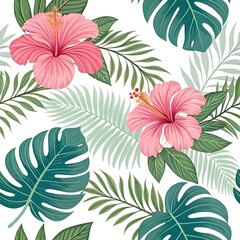 “Tropical botanical pattern with pink hibiscus flowers and lush green leaves.”

