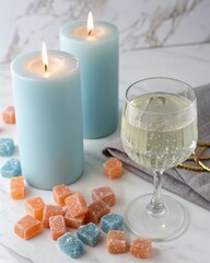 Elegant Blue Candles with Wine Glass and Gummy Candies