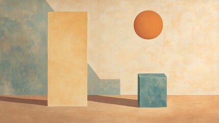 Abstract Geometric Forms Art: Minimalist Composition with Circle, Rectangle, and Cube in Earthy Tone Palette.