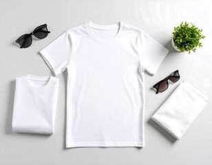 White T-shirt, accessories, flat lay