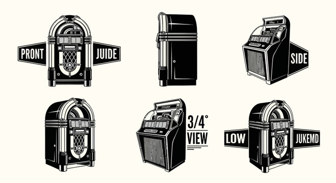 Vintage Jukebox Views: A set of black and white illustrations showcases the classic design of a vintage jukebox from various angles.
