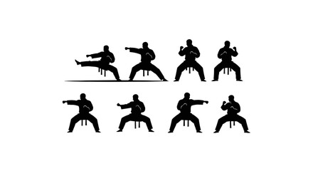 Karate Fighter's Silhouette Sequence: An artistic illustration of a Karate fighter showcases a precise, dynamic series of karate moves against a clean backdrop.