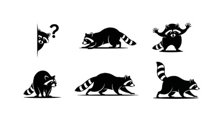 Obraz premium Playful Raccoon Silhouettes: A collection of charming, stylized illustrations showcasing various poses of raccoons, capturing their mischievous nature and endearing charm in a clean, graphic style.