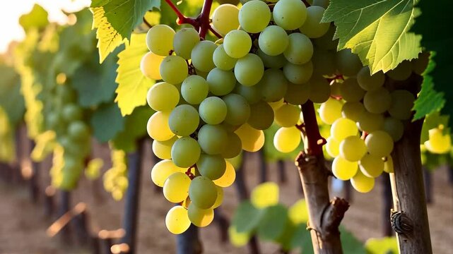 Bunch of ripe white grapes glowing at sunset in vineyard, golden hour harvest with rolling hills and vine rows, romantic winemaking aesthetic. 