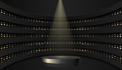 3D abstract studio room with pedestal podium. black geometric platform with golden glitter in rectangle shape backdrop.