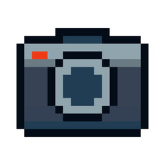 Pixel art vector illustration of a camera emoji in retro 8 bit style. Pixelated design features a classic photo camera icon with bold outlines and vibrant colors, perfect for digital projects, video