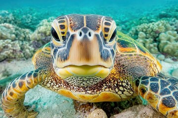 Fototapeta premium In the crystal-clear waters of a Hawaiian tropical island, a Green sea turtle swims majestically, as seen in a split over/underwater picture