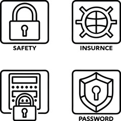 Obraz premium Security Icons Set Safety Insurance Password and Digital Lock in Outline Style