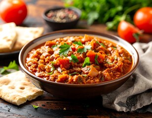 Hearty stew in bowl, with flatbread and tomatoes