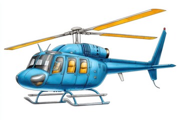A light blue helicopter with yellow rotors is depicted against a white background. The helicopter is detailed, showing its windows and landing gear. The image is clean and well lit.