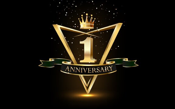 1 year anniversary celebration. Anniversary logo with ring and elegance golden color isolated on black background.