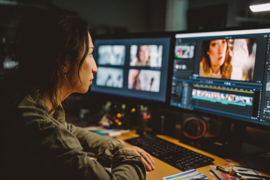 Young adult Hispanic woman adding captions to a promotional video, checking branding consistency and color palettes with a designer's eye