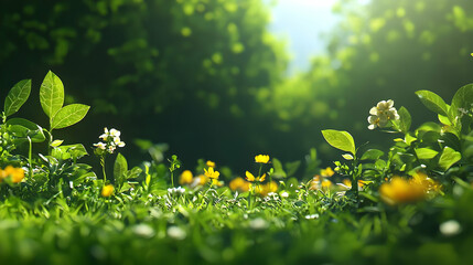 Bright Sunlight On Lush Meadow With Flowers
