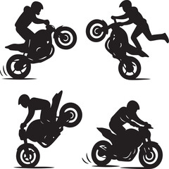 Black and white motorcycle various stunt rider silhouettes designs and extreme sports