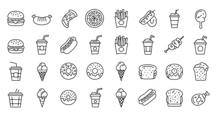 Fast food set of web icons in line style. Food and drink linear icon collection. Containing burger, pizza, hot dog, french fries, kabab, ice cream, coffee, donut, sandwich and more. Editable stroke
