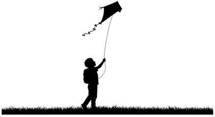 Kid flying a kite silhouette Vector Illustration isolated on a white background
