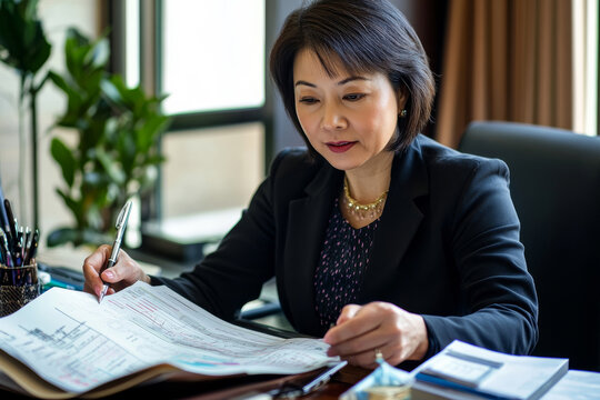 Mature Asian professional examining a thick portfolio, working with focus and analysis at her desk