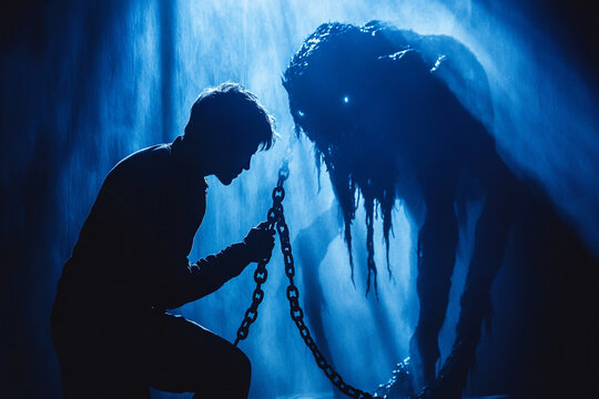Silhouette of a man gripping the chains of a captured demon