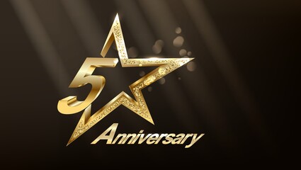 5th anniversary logo with gold numbers and glitter isolated on a gradient background