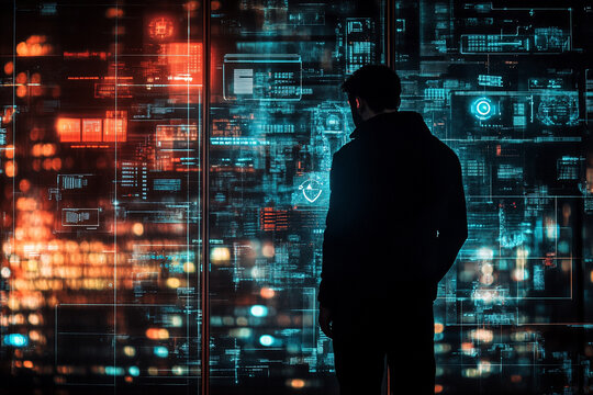 Silhouette of a man hacking a futuristic security system