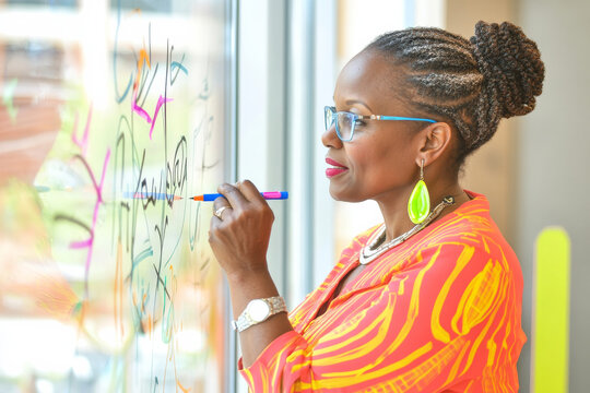 Mature African-American woman standing at a glass wall writing out strategic goals with colored markers, bold words and visuals representing strong leadership