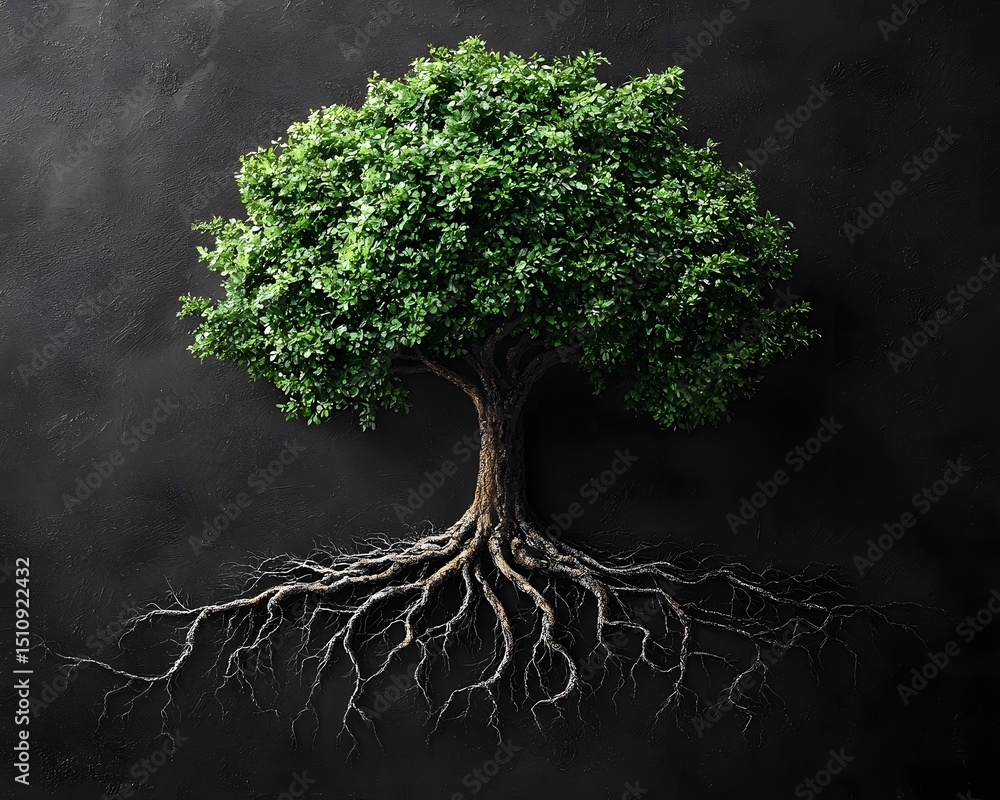 Poster a verdant tree with intricate roots on a blackboard canvas
