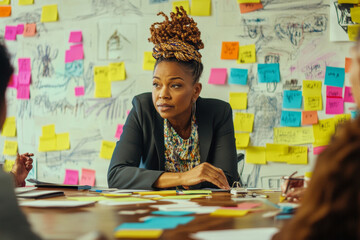 Mature Black businesswoman brainstorming ideas with her creative team around a large desk, wall behind covered in colorful post-it notes and sketches, energy and collaboration filling the room