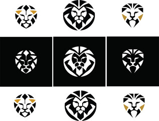 Fototapeta premium Lion face vector icon pack with multiple styles flat, line art, and button on white.