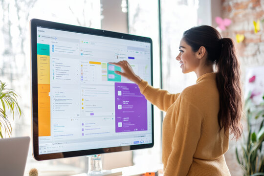 Young adult Hispanic woman updating a team Trello board with new priorities, standing confidently by a smartboard filled with colored tasks