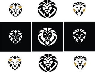 Lion face vector icon pack with multiple styles flat, line art, and button on white.