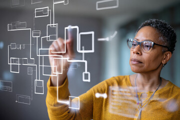 Middle-aged African-American woman organizing digital workflow automations, mapping steps on a touchscreen interface