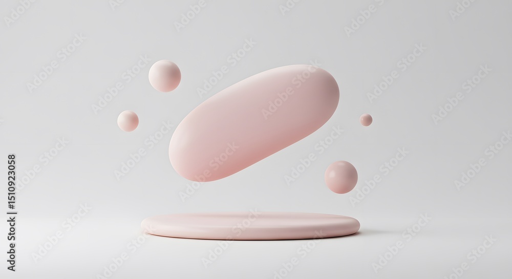 Poster abstract pink 3d render: floating shapes and minimalist design