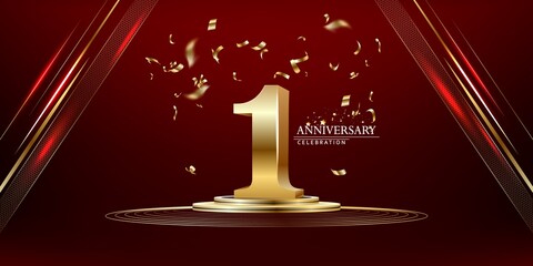 1 golden number and Anniversary Celebrating text with golden serpentine and confetti on red background.