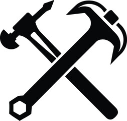  hammer wrench silhouette, crossed tools, repair icon
