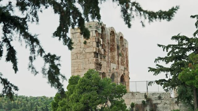 Odeon of Herodes Atticus, Acropolis, Athens, Greece. The Odeon of Herodes Atticus is a stone theatre structure located on the southwest slope of the Acropolis of Athens