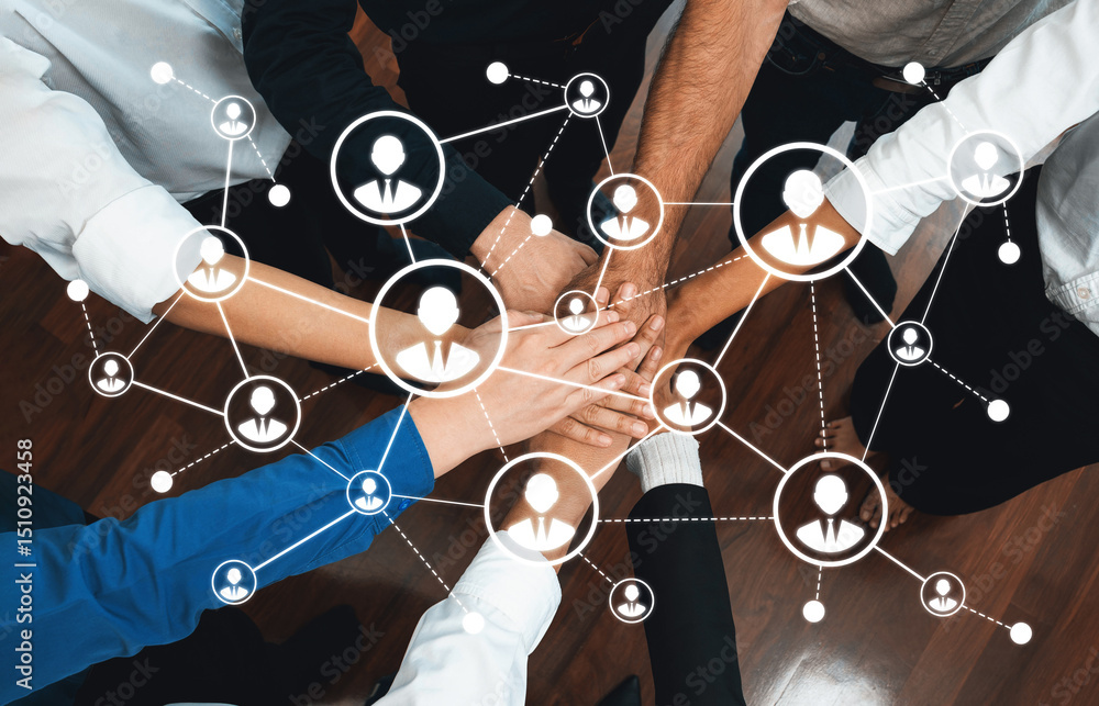 Aufkleber This image illustrates the concept of networking and collaboration, showcasing hands joining together amidst a digital connection graphic, representing teamwork and unity. Amity
