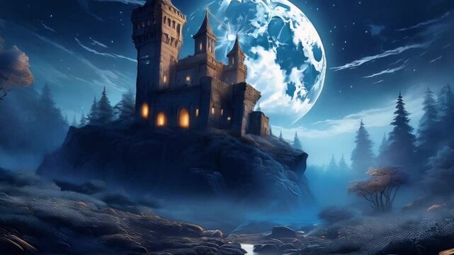 Romantische Burgruine bei Vollmond