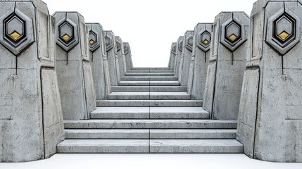 Stone staircase leading to a bright background, flanked by tall, grey, geometric pillars with golden details. The scene is clean, symmetrical, and evokes a sense of mystery and grandeur.