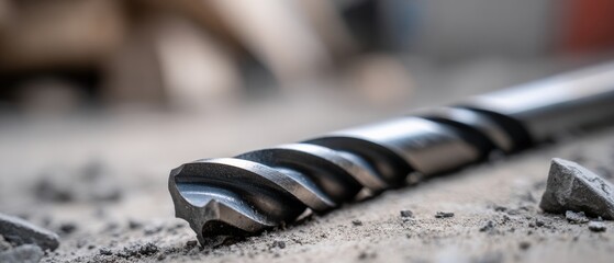 Closeup of a durable carbide tipped masonry drill bit on concrete surface with debris, showcasing construction and renovation tools