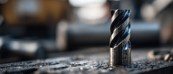 Closeup of a new end mill cutter with a spiral flute design on a workbench in a metalworking shop, showcasing precision and industrial manufacturing
